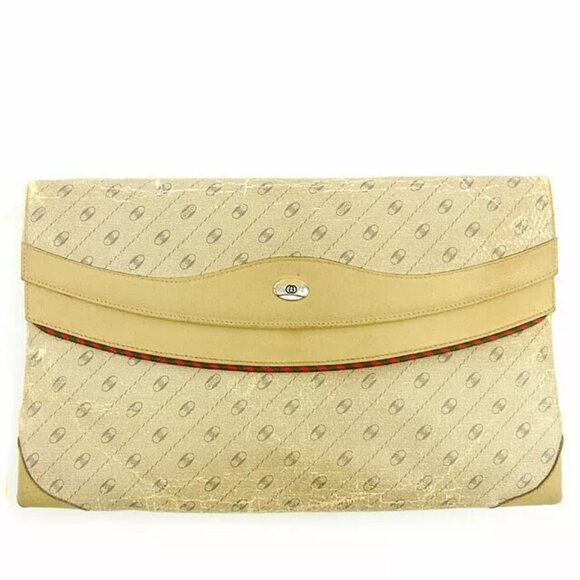 GUCCI Clutch Bag Double G Plate Beige ?~ Gray PVC ?~ Leather Authentic USED T038 - Picture 1 of 6